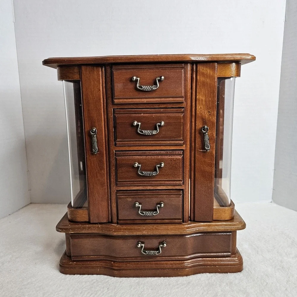 Vintage Wooden Jewelry Armoire Box Glass Side Doors 5 Drawers Brass Pulls Brown